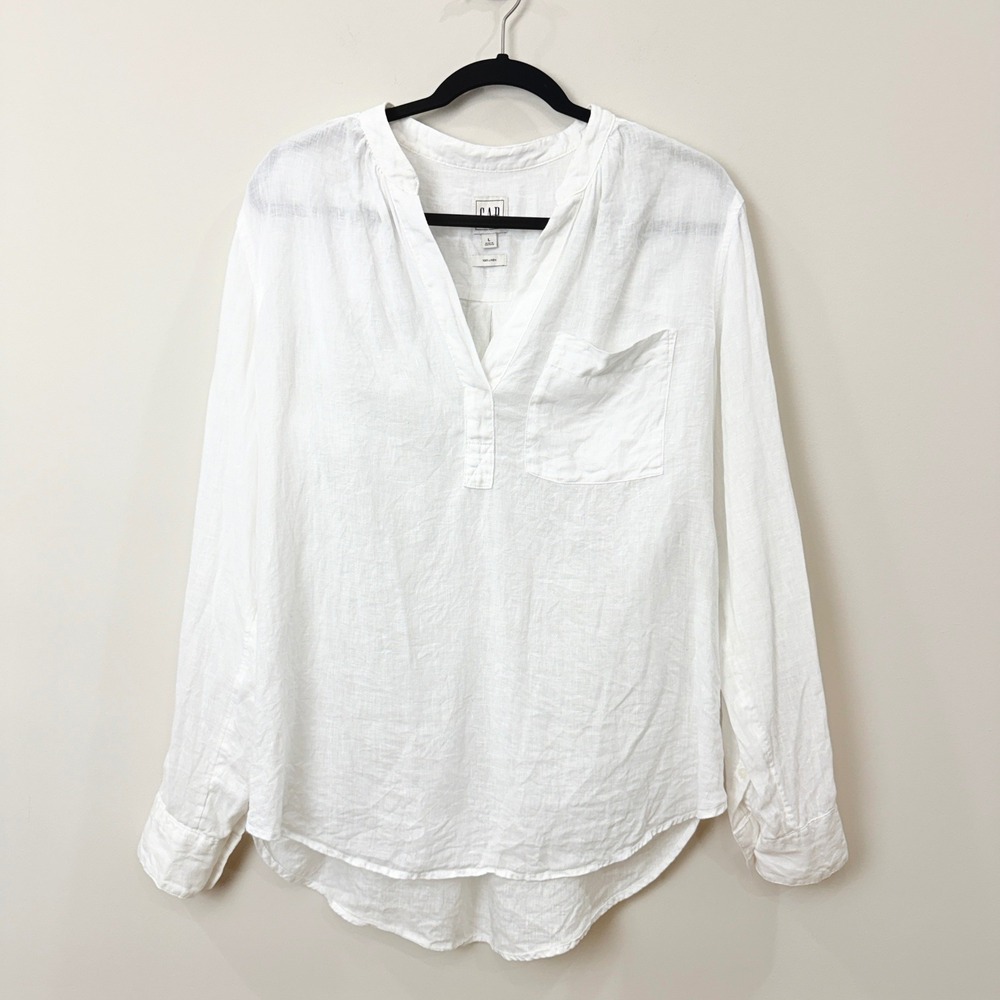 Gap Women Large White Linen Shirt Long Sleeve Henley Pocket Pullover Coastal
